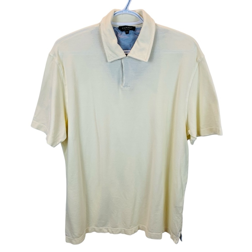 Canali sz 54/XL Polo Shirt Short Sleeve Cream Cotton Pique One Button Collar